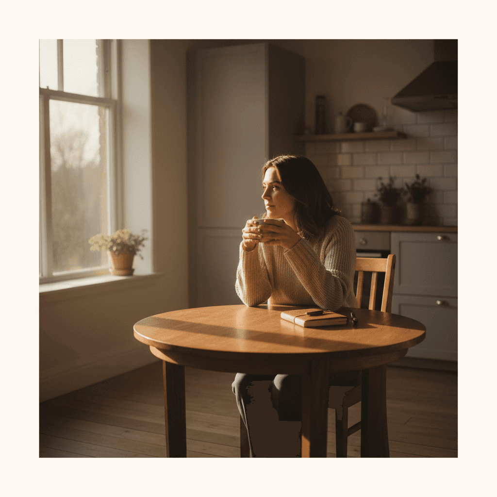Woman reflecting with tea and journal