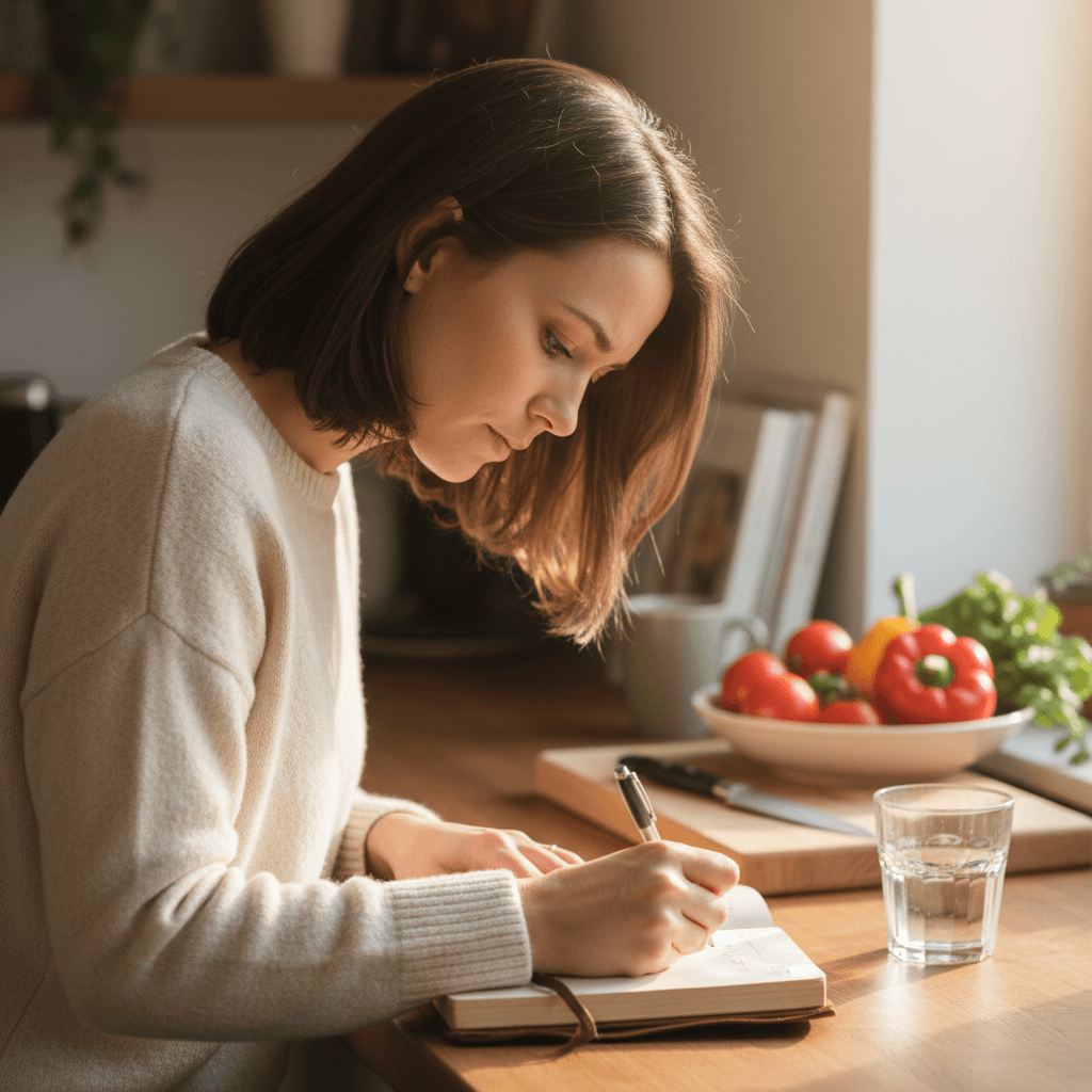 Woman journaling about eating patterns and emotional triggers