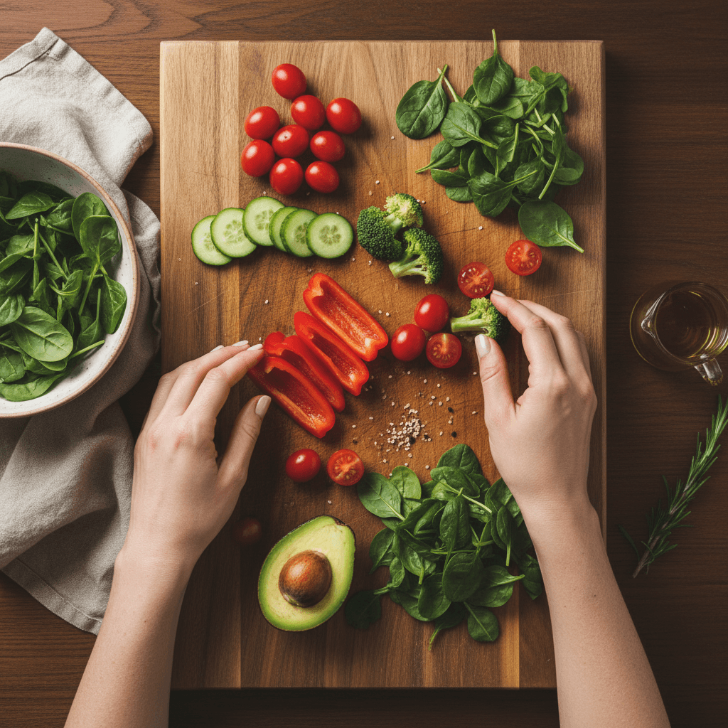 Overhead view of mindful meal preparation with fresh whole foods