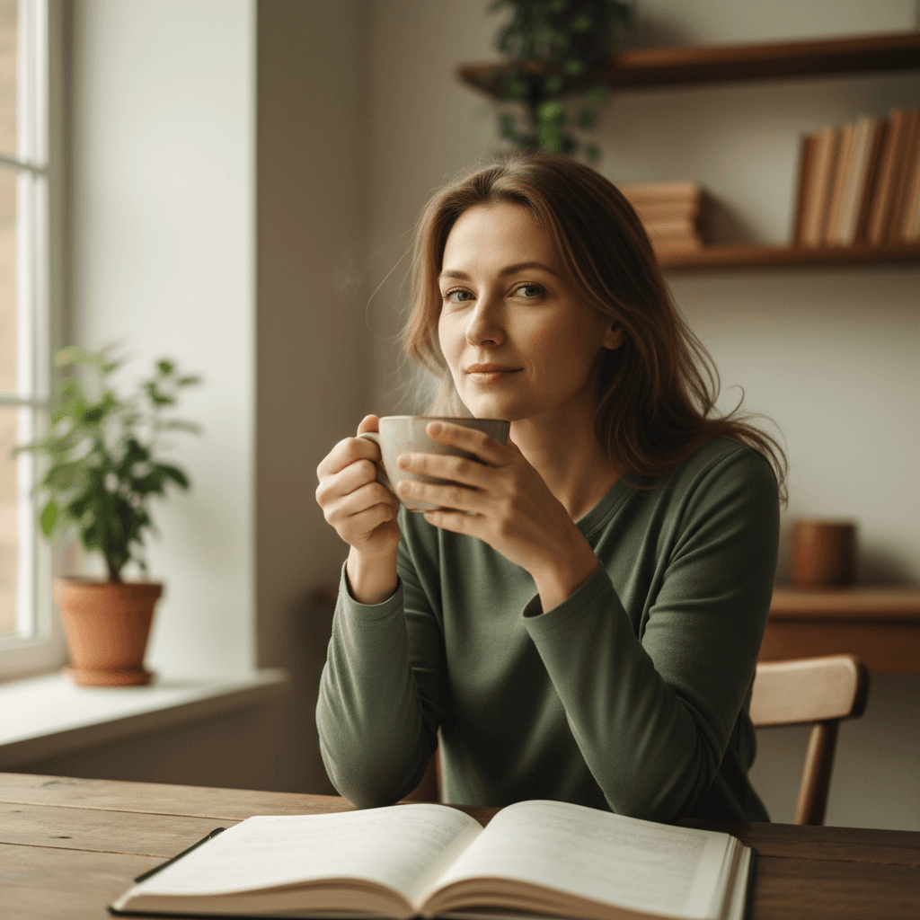 Woman in moment of reflection during emotional eating coaching