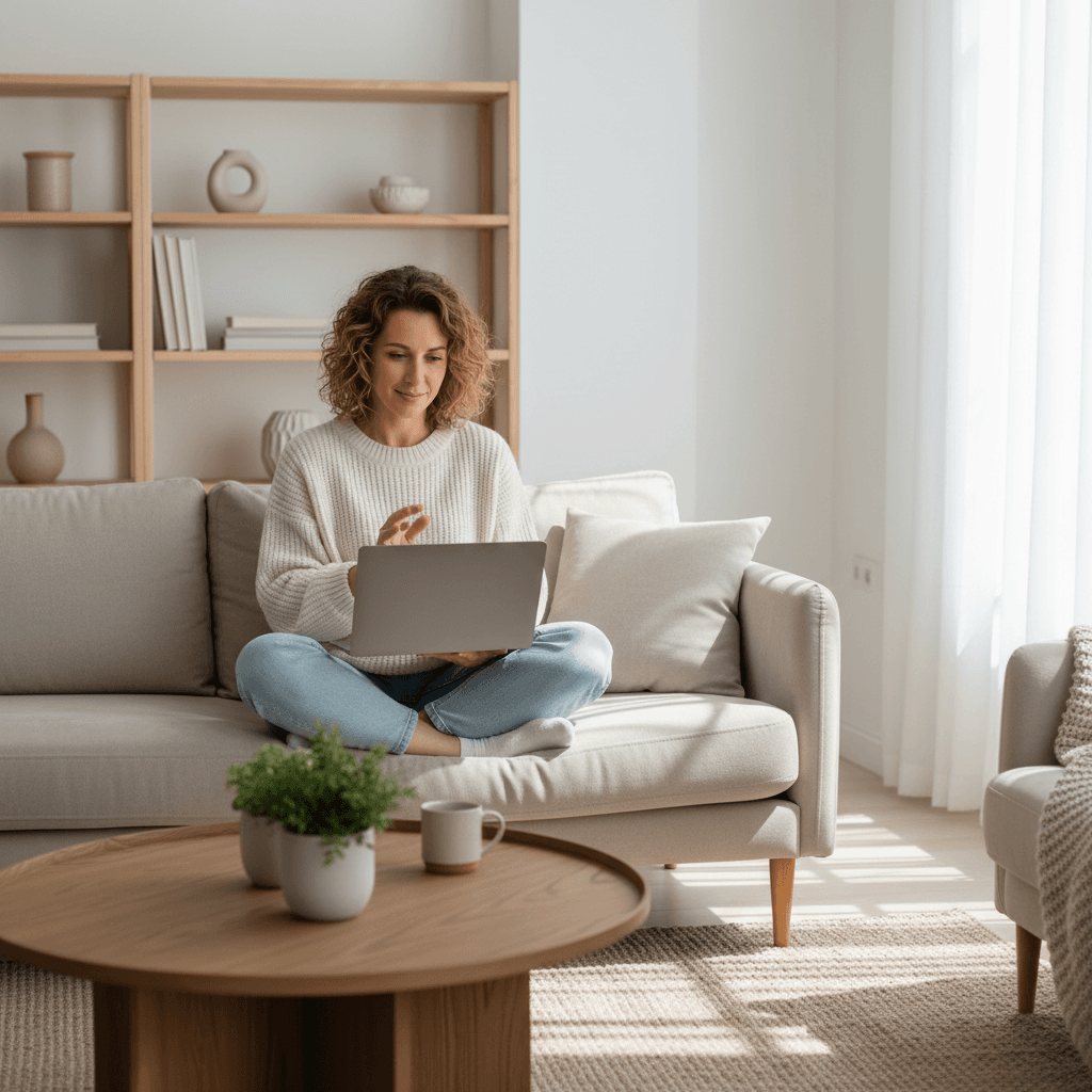 Woman engaged in online coaching session for behaviour change support