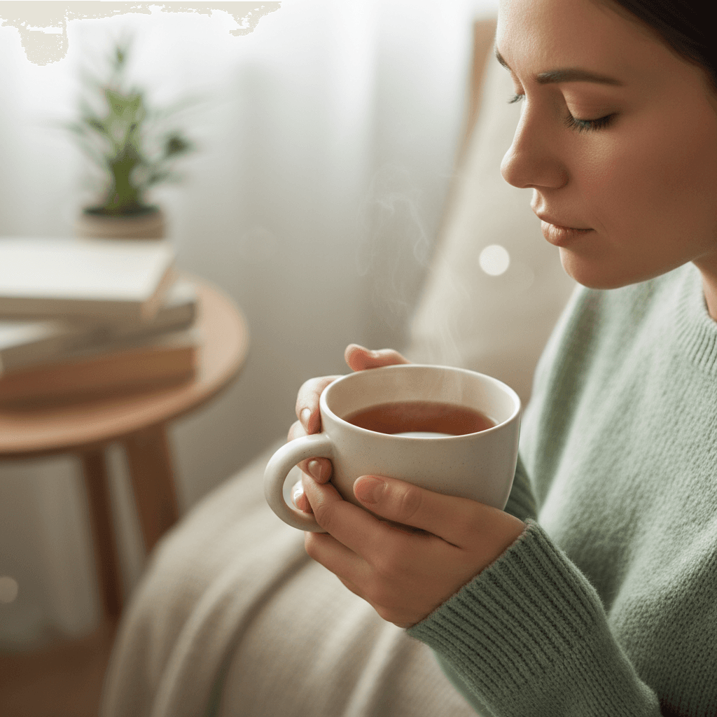 Woman pausing with warm tea, practicing mindful eating awareness